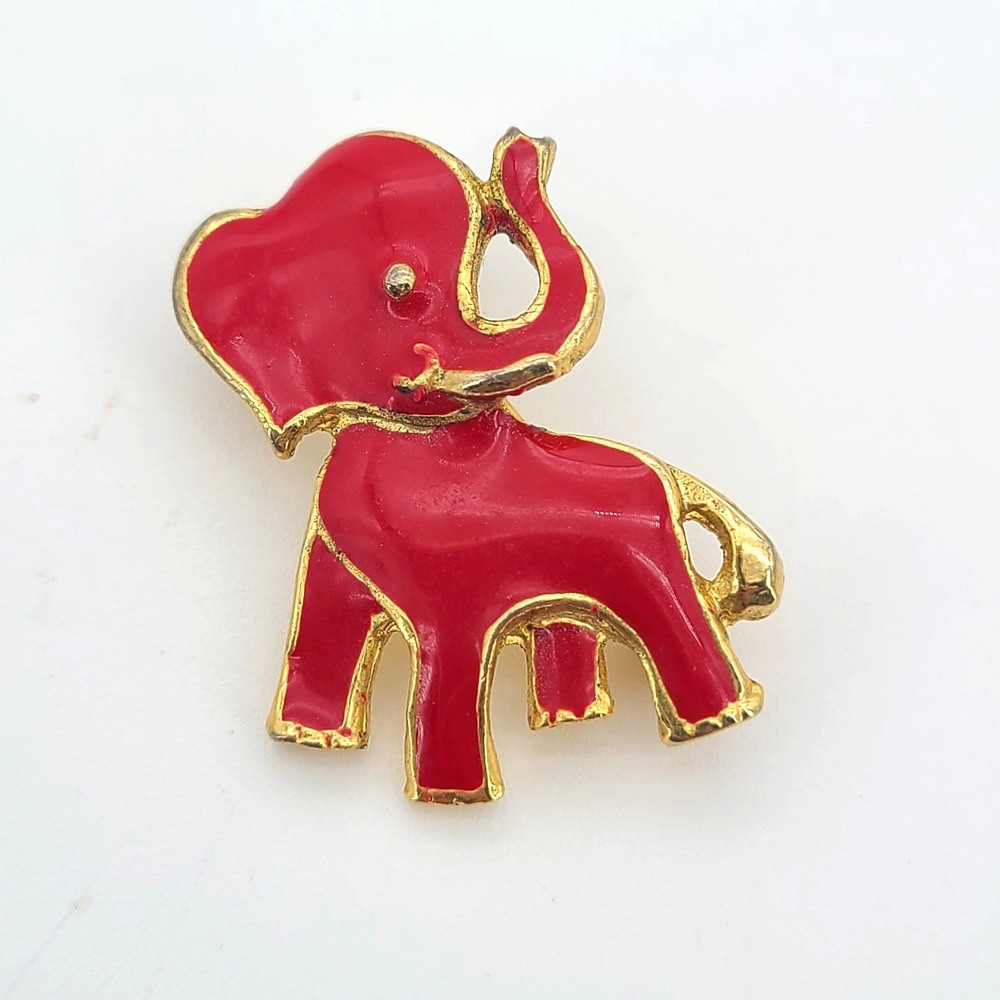 Vintage Gold Tone Red Enamel Baby Elephant Republican Brooch Pin